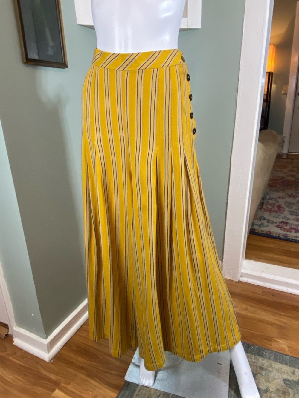 Free People 8 Striped Button Side Yellow Striped Wide Leg Palazzo Pants Trousers